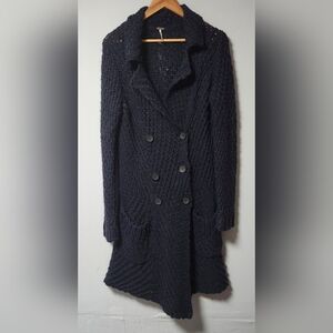 Free People Navy Blue Wool Blend Double Breasted Knit Long Cardigan Sweater M
